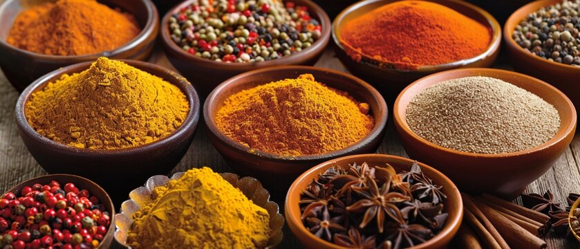 A rich array of spices including turmeric and cinnamon