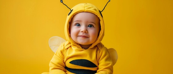 Adorable baby dressed in a yellow bee costume with antennae