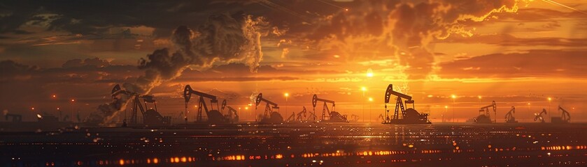Oil pump jacks in motion during a warm sunset in a vast industrial oil field. - obrazy, fototapety, plakaty