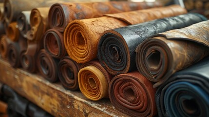 Natural brown and black leather rolls. Supplies for leather crafts.