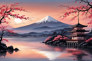 Traditional Japanese pagoda with iconic Mount Fuji in background, capturing essence of Japans natural beauty, cultural heritage. For interior, commercial spaces to create stylish atmosphere, print. - obrazy, fototapety, plakaty