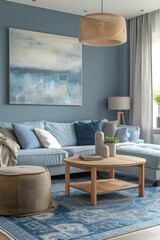 a living room with blue walls , a blue couch , a coffee table , and a painting on the wall