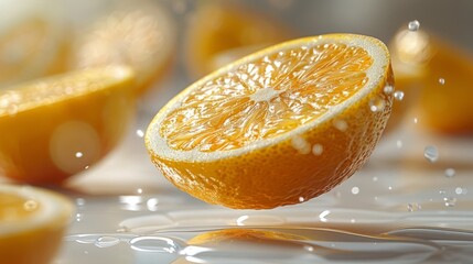 Sliced lemon floating in the air on a white background.