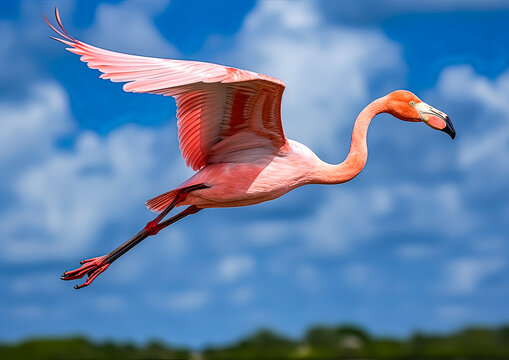 A pink flamingo is flying over a body of water. The bird is in the air and has its wings spread out. The scene is peaceful and serene, with the bird soaring above the water