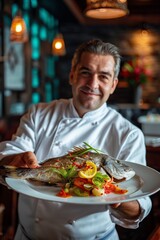 A smiling chef in uniform holds up an exquisite dish, smiling at the camera. The background is a restaurant interior. Generated by artificial intelligence.