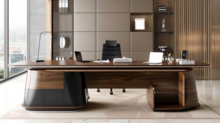 Large Wooden Executive Desk in Spacious Office with Cityscape View