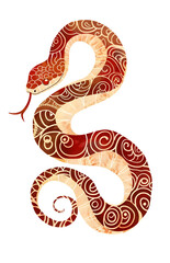 Snake with a whimsical patterned ornament skin scales. Chinese New Year 2025 Zodiac Snake. Isolated clip art design element