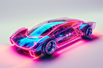 Futuristic neon sports car model în dark background, 3d render