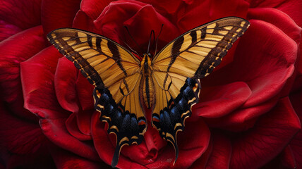 A stunning close-up shot of a tiger swallowtail butterfly delicately perched on the velvety surface...