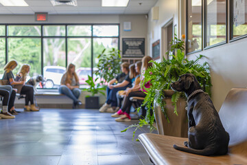 A bustling waiting room in a veterinary clinic filled with pets and their owners.