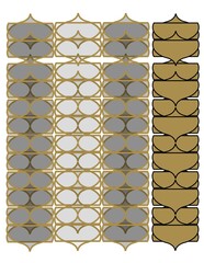The image is a pattern of circles and squares in gold and silver colors