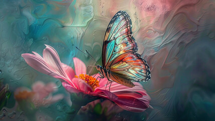 Macro shot of a butterfly perched on a pink flower, its wings shimmering with iridescent hues, as if painted by the brushstrokes of nature.