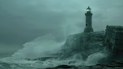 Old lighthouse on the edge of a low cliff by the cold sea with big waves in bad weather. AI generative. - obrazy, fototapety, plakaty