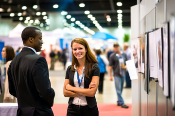 A vibrant interaction unfolds between an African American male recruiter and a female colleague at a job fair, highlighting the collaborative spirit in the pursuit of talent. Concept of Labor Day.