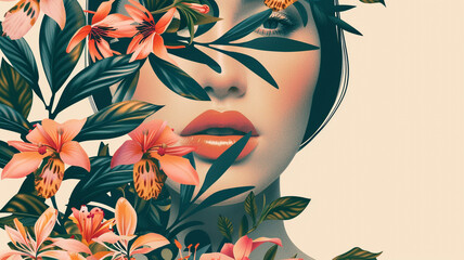 A botanical graphical vector face featuring floral patterns and blossoms, exuding a sense of natural beauty and tranquility.