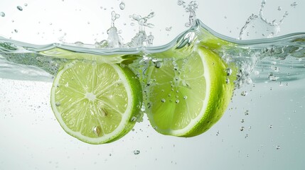 Green lemons halves colliding on the water. Water splash, white background, food photography. Generated by artificial intelligence.