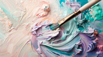 A paintbrush swirling in a palette of pastel colors, mixing shades together to create a soft, delicate palette that evokes a sense of innocence and nostalgia.