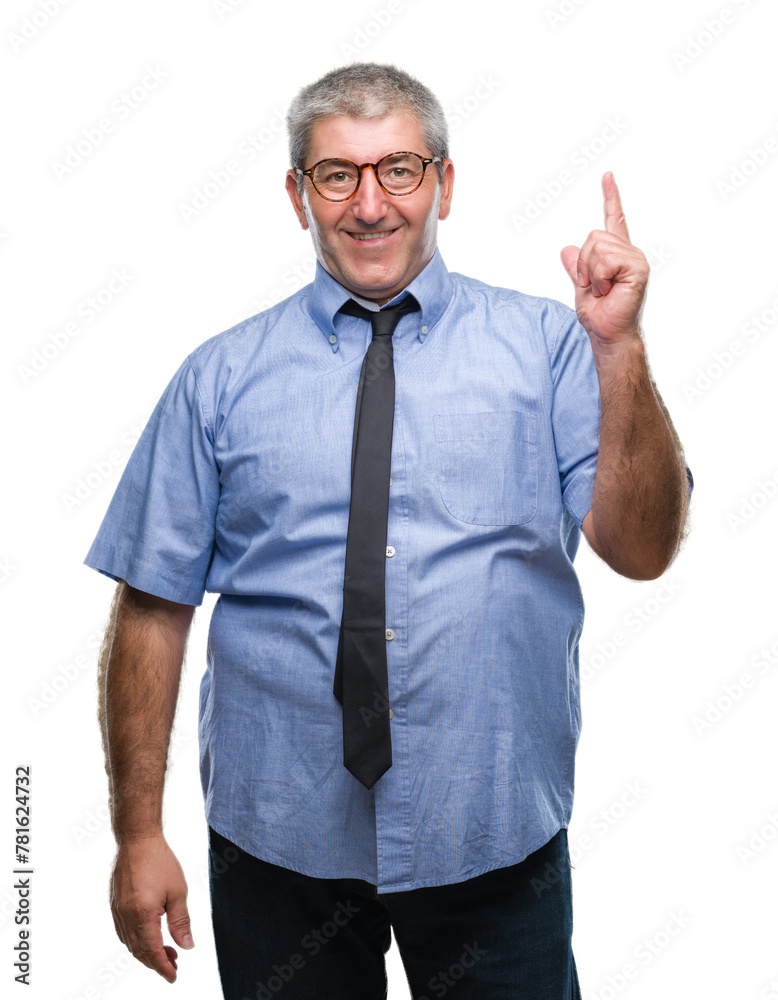 Sticker handsome senior business man over isolated background pointing finger up with successful idea. exite