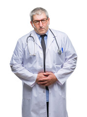 Handsome senior doctor man over isolated background with hand on stomach because indigestion,...