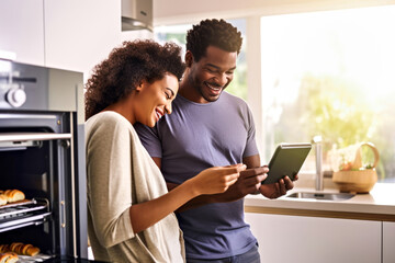 Young African American couple making breakfast together with smart oven in modern, minimalist kitchen, using tablet app to connect remotely. Concept of innovation technologies for cooking. Copy space