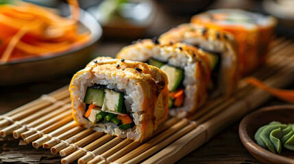 Vibrant vegan sushi rolls packed with crisp, fresh vegetables, ready to enjoy