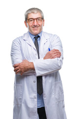 Handsome senior doctor, scientist professional man wearing white coat over isolated background...