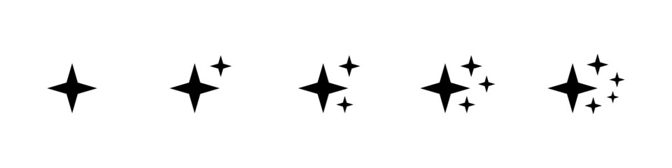 Star icons. Shining stars, black icons. Vector design. Sparkles, shining burst.