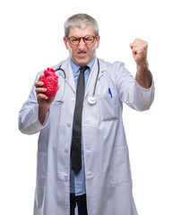 Handsome senior cardiologist doctor man holding heart over isolated background annoyed and...