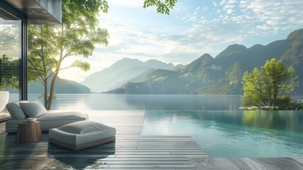 A serene pool scene with a chair and tree