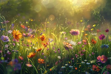 Fototapeta na wymiar Enchanting beauty of a spring meadow bathed in golden sunlight, with vibrant flowers and lush green grass swaying gently in the breeze.