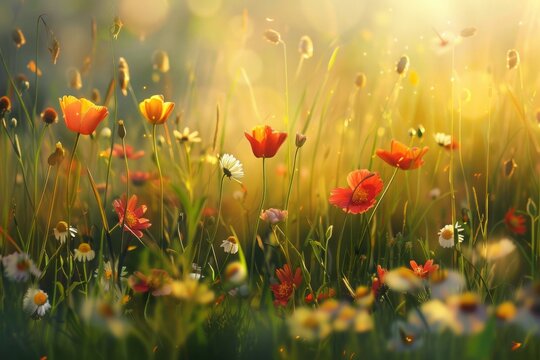 Enchanting beauty of a spring meadow bathed in golden sunlight, with vibrant flowers and lush green grass swaying gently in the breeze.