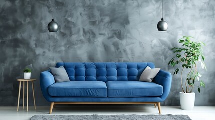 A blue couch with two pillows sits in front of a white wall