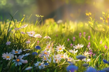 Fototapeta premium Harmonious interplay of elements in nature with a harmonious spring meadow composition, where flowers, grass, and sunlight blend seamlessly together. 