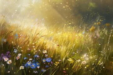Harmonious interplay of elements in nature with a harmonious spring meadow composition, where flowers, grass, and sunlight blend seamlessly together. 