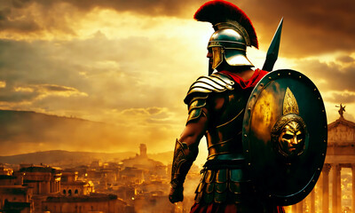 Roman male legionary legionaries wear helmet with red crest, gladius swordб spear and scutum shield, heavy infantryman, soldiers on battlefield of army of the Roman Empire on Rome empire background