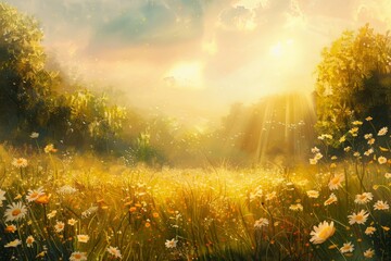 Warmth and brightness of spring sunshine with a radiant spring meadow bathed in golden light, exuding positivity and joy.  - obrazy, fototapety, plakaty