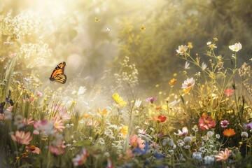 Untamed beauty of a wildflower haven in full bloom, where dainty blossoms sway in the wind and butterflies flit from flower to flower  - obrazy, fototapety, plakaty