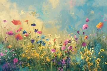 Obraz premium Diverse hues of spring with a meadow adorned in a vibrant palette of colors, from soft pastels to bold primaries, perfect for adding vibrancy to your designs. 
