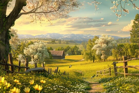 Idyllic countryside with a charming spring meadow backdrop, evoking feelings of nostalgia and rural charm.