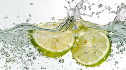 Green lemons halves colliding on the water. Water splash, white background, food photography....