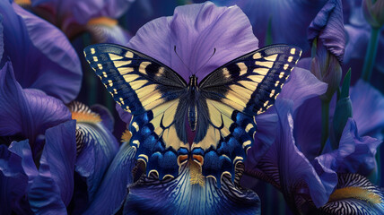 A stunning close-up shot of a tiger swallowtail butterfly delicately perched on the velvety surface...