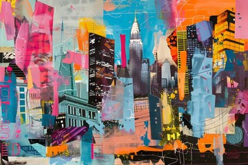 Trendy paper collage composition that captures the essence of urban life with bold colors, graffiti-inspired motifs, and iconic city landmarks.