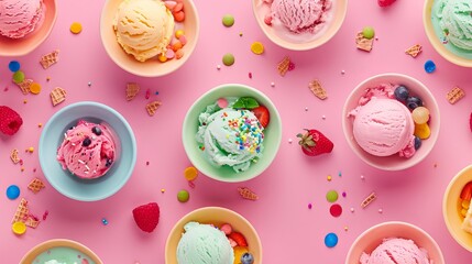 Colorful ice cream scoops in bowls with toppings like sprinkles and fruit on a pink background, seen from above.