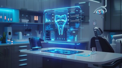 Futuristic dental clinic with interactive 3D tooth infographic and modern equipment