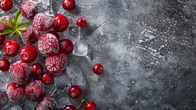 Fresh cherries on ice with a leaf