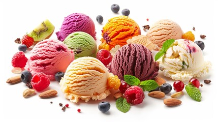 Creamy ice cream scoops in vibrant hues and tempting flavors, adorned with juicy berries, crunchy...
