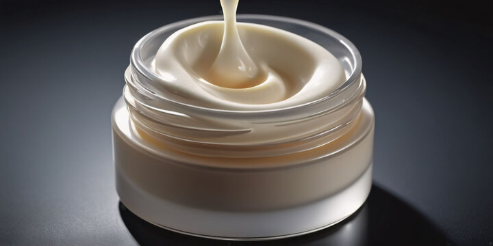 ar of Clarins Extra-Firming Body Cream Spilling on a Table. A photo of a glass jar of Clarins Extra-Firming Body Cream on its side, spilling a white cream onto a brown wooden table.
