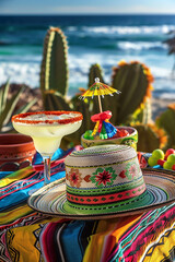 Fototapeta premium Cinco de Mayo,Mexican colorful summer fiesta party,sombrero hat,maracas margarita cocktail,table colorful Mexican decorations. With the exotic beach 