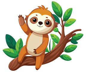 Naklejka premium Funny cartoon style sloth sitting on a tree branch with cute face vector illustration clip art isolated in white, tree branch, template, lazy, doodle, cartoon, nature, wildlife, wild,