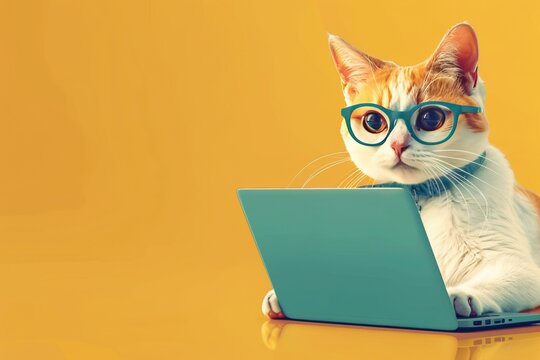 A cartoon cat using a laptop, representing social media marketing, on a clear, bright background with room for text